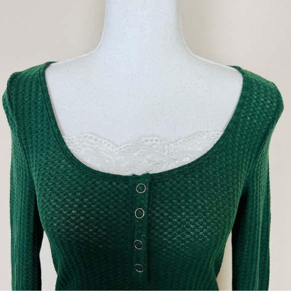 Forest Green Honeycomb Long Sleeve Button Henley Top with Peekaboo Lace - Picture 2 of 8